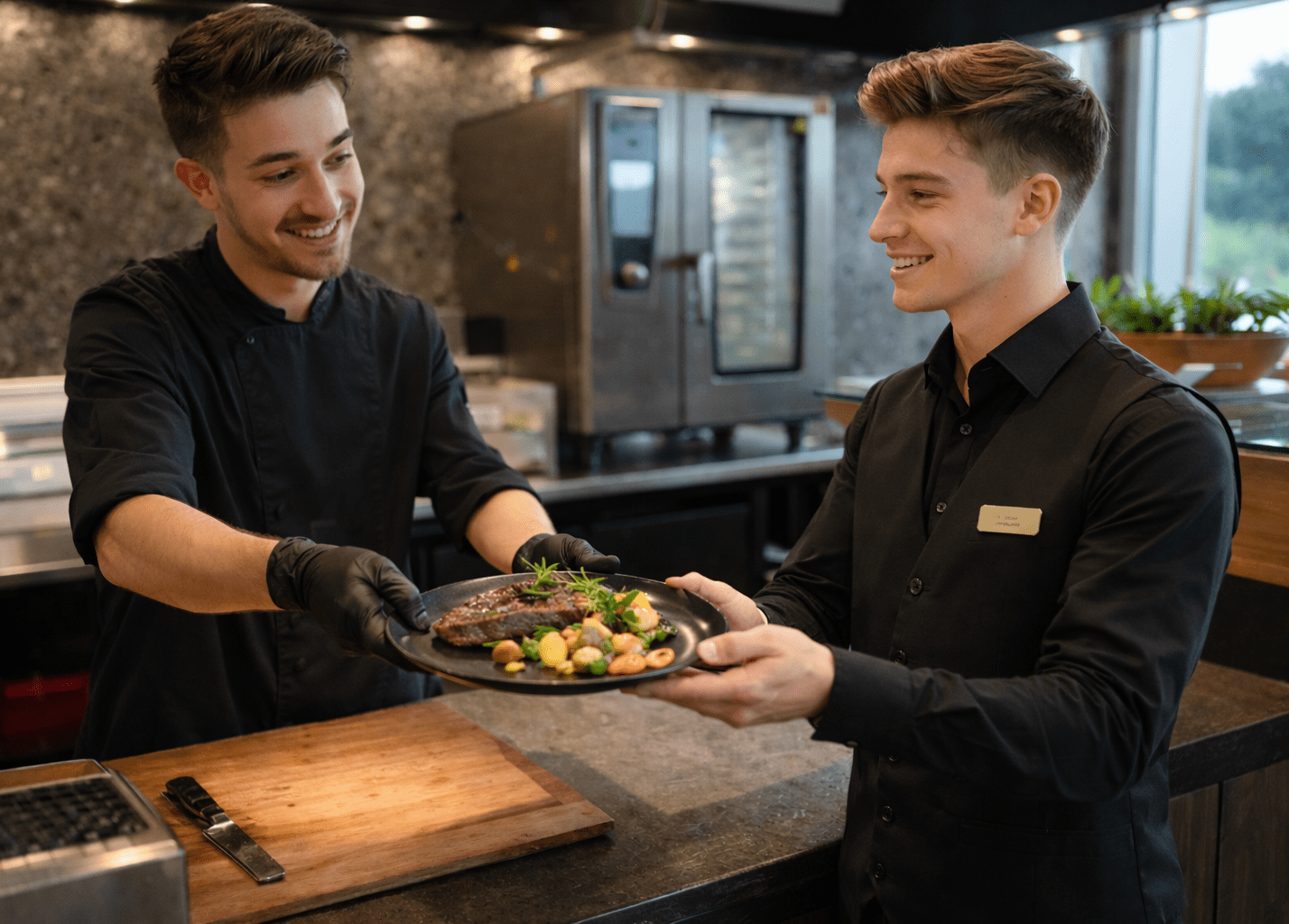 Koch serviert Kellner ein Steakgericht in Restaurantküche.