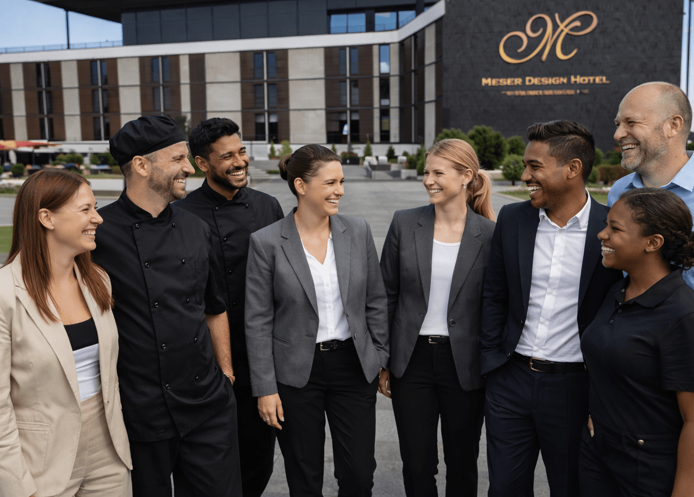 Hotelteam lächelt vor Gebäude, Meser Design Hotel