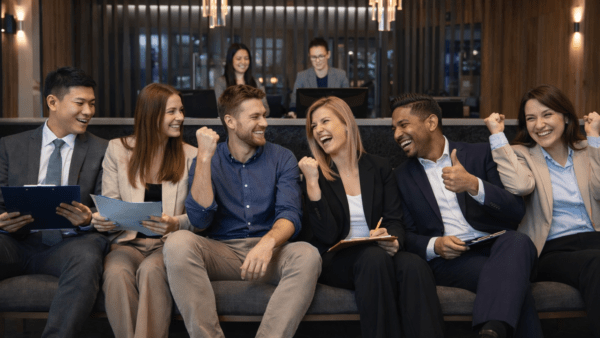 Team feiert Erfolg im Büro, Lächeln und Freude