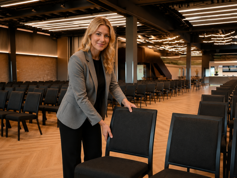 Frau stellt Stühle in Konferenzraum auf.