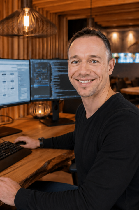 Lächelnder Mann arbeitet an Computer mit zwei Monitoren